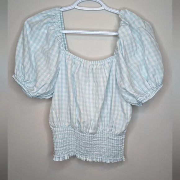 Lord & Taylor Design Lab Light Blue White Checkered Puff Sleeve Smocked Bottom M - Picture 2 of 7